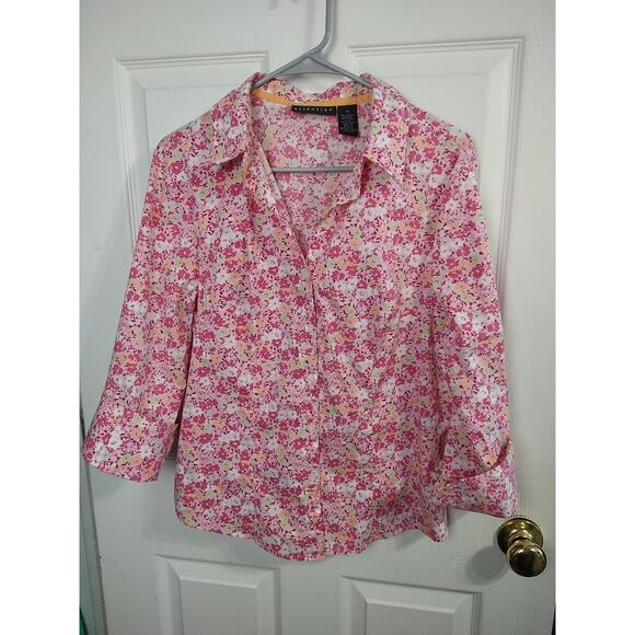 Attention Woman 14 Shirt V Neck Pink Floral Fold Cuff 3/4 Sleeve Collared Button - Picture 1 of 9